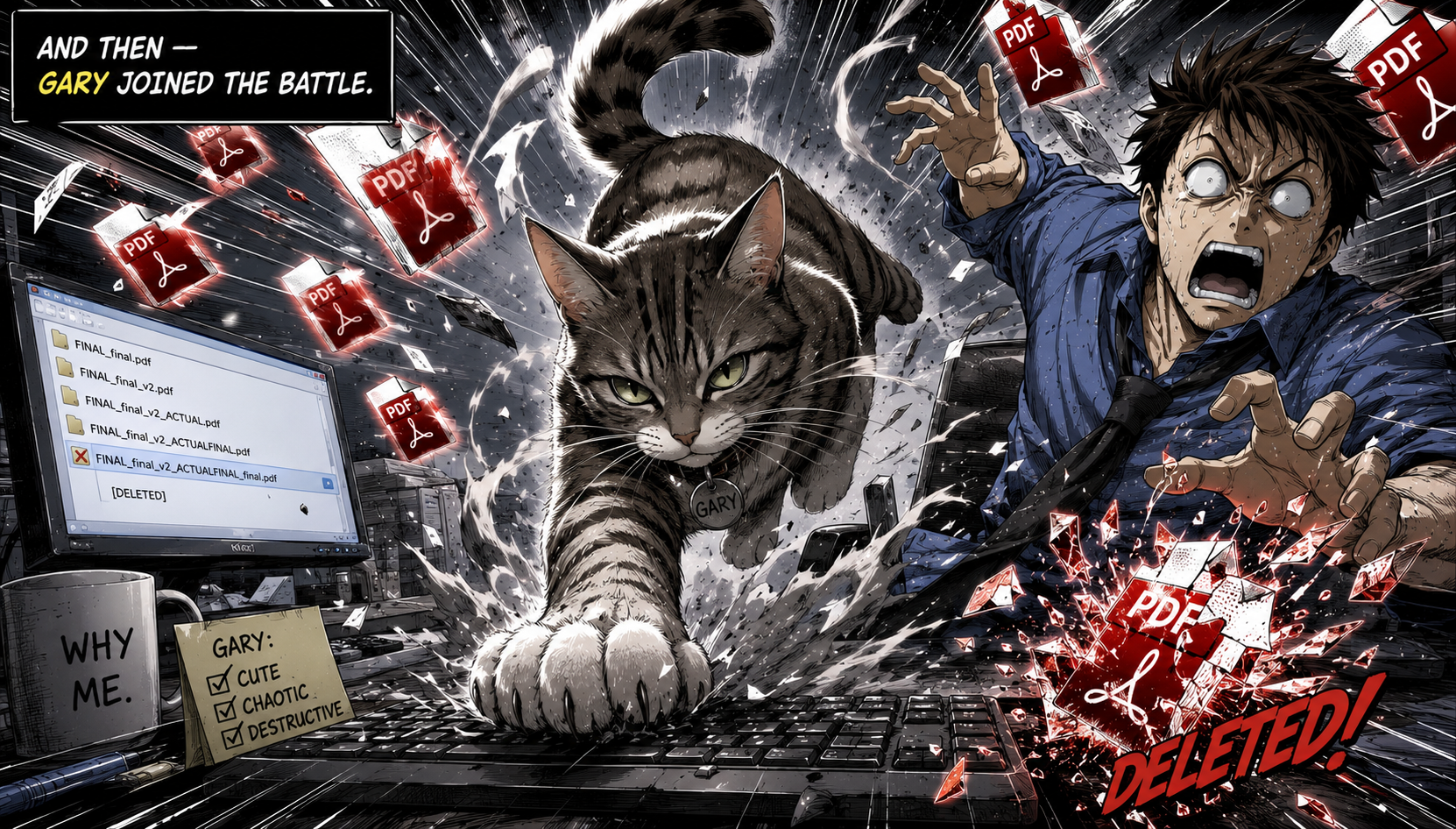 Gary the cat joins the battle and deletes one of the attacking PDF files.
