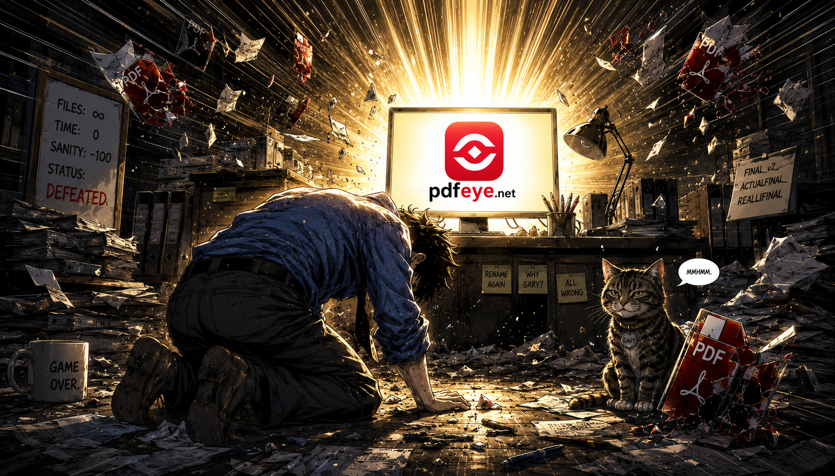 Dave kneels in defeat before PDF Eye appears in a burst of golden light.