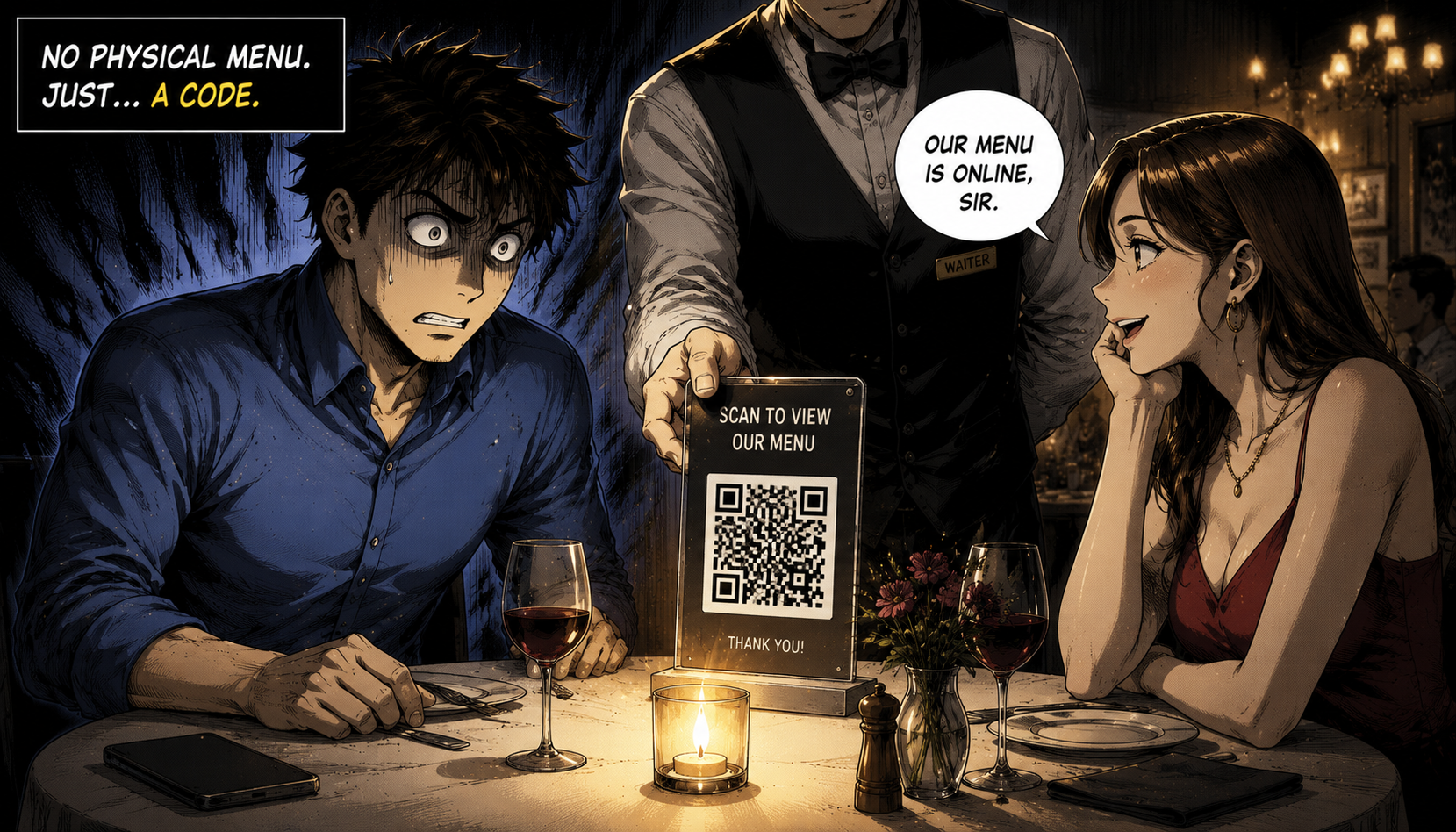 A waiter tells Dave that the restaurant menu is available only through a QR code.