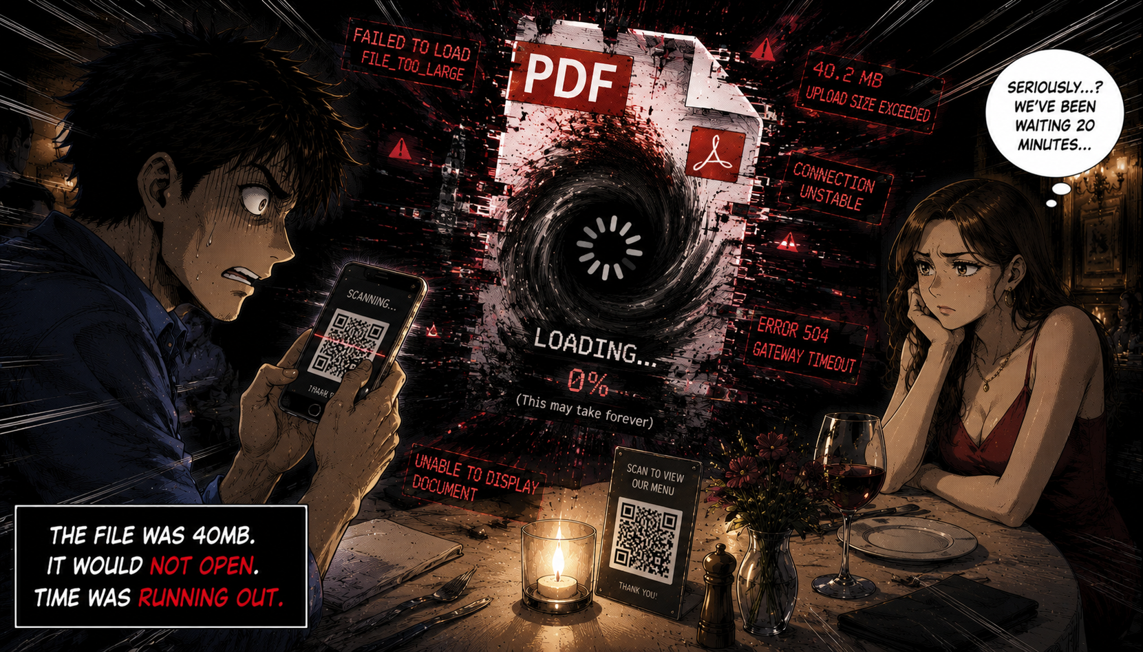 The forty-megabyte PDF menu fails to load while Dave's date waits.