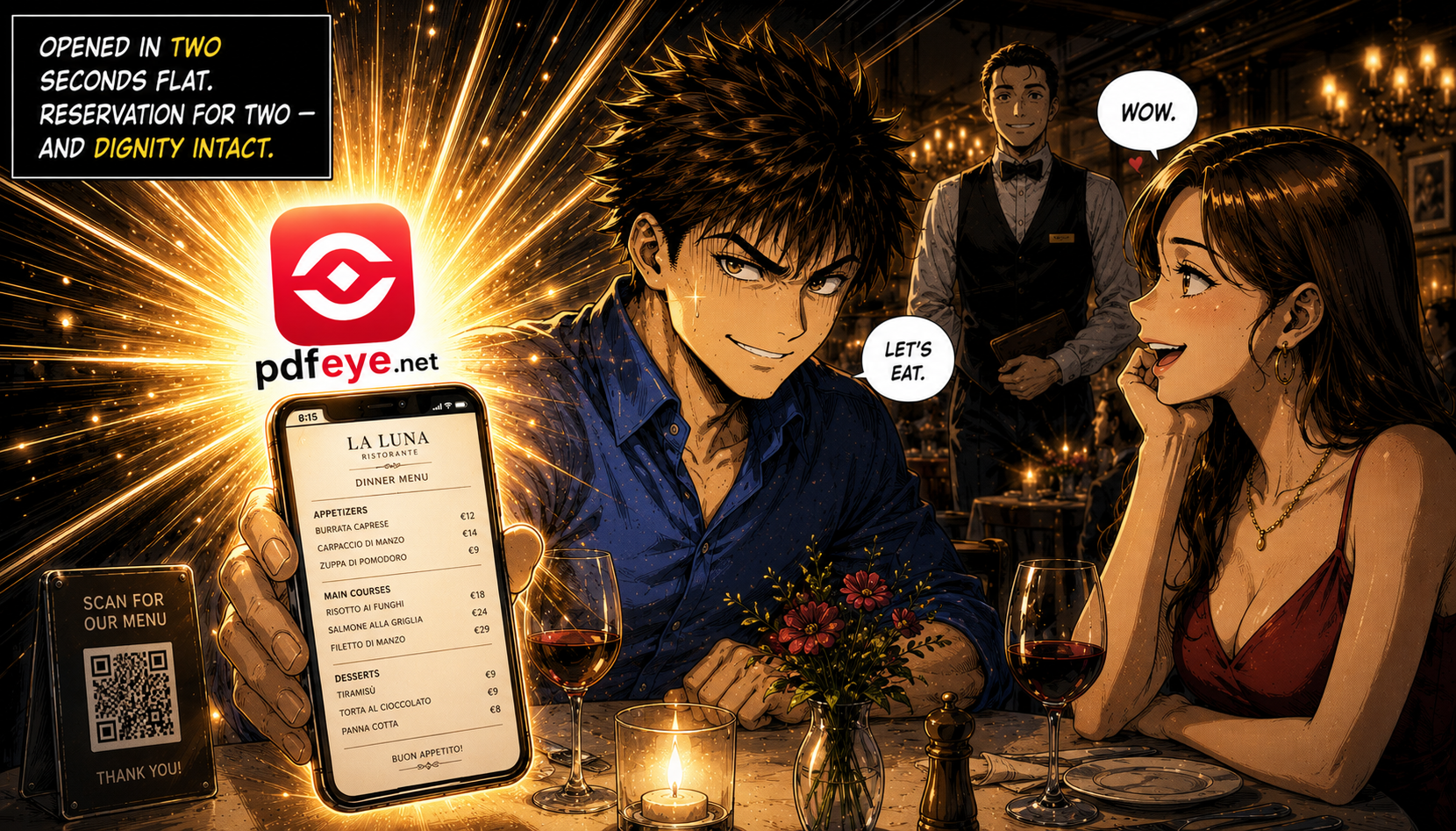 PDF Eye opens the restaurant menu in two seconds and saves Dave's date.