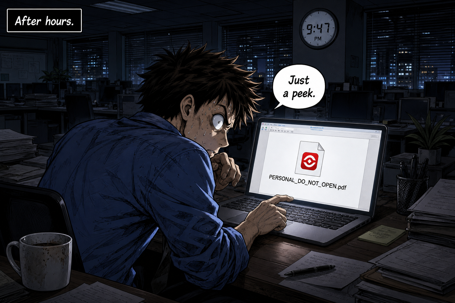 Dave hovers over a suspicious personal PDF in an empty office after hours.
