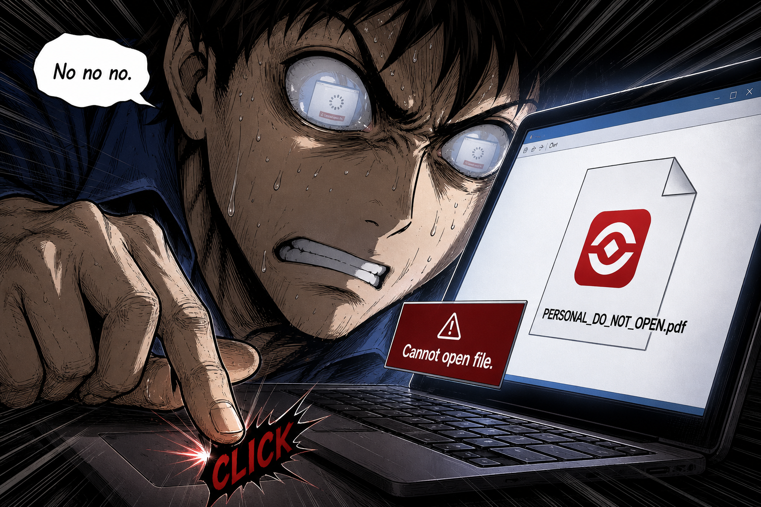 Dave clicks the personal PDF and panics when the file refuses to open.