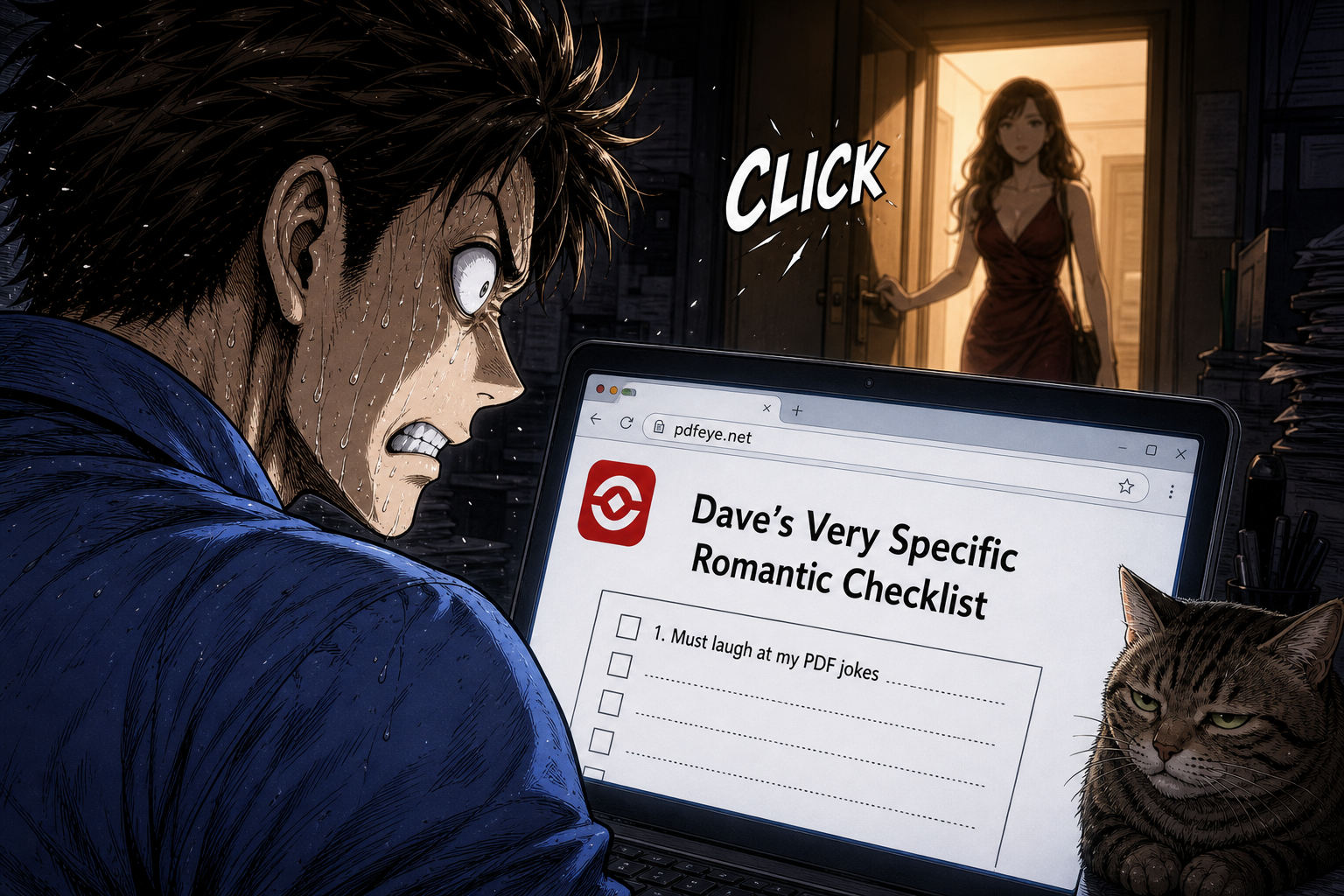 The personal PDF finally becomes readable just as the office door opens.