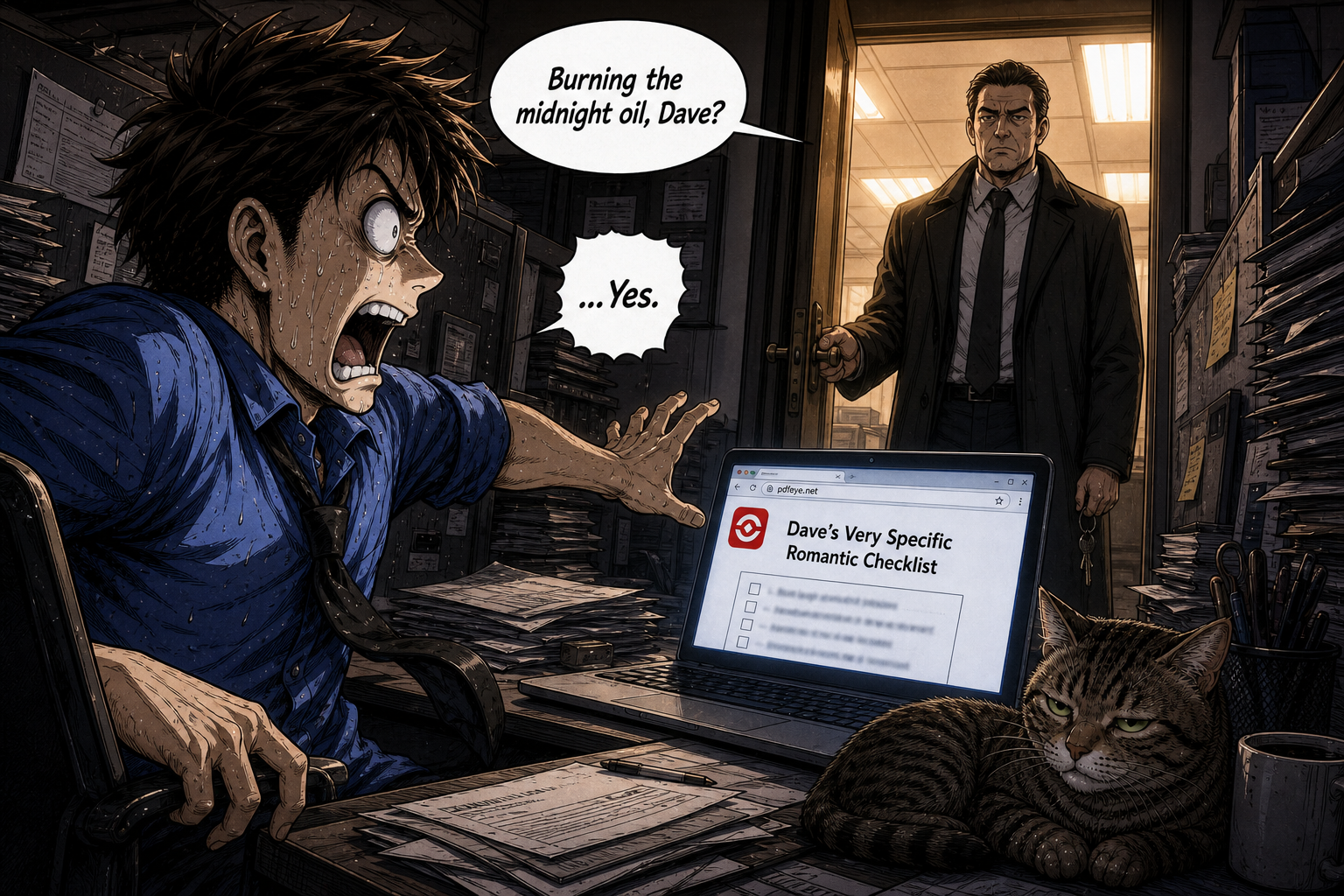Dave's boss catches him with his romantic checklist displayed on screen.