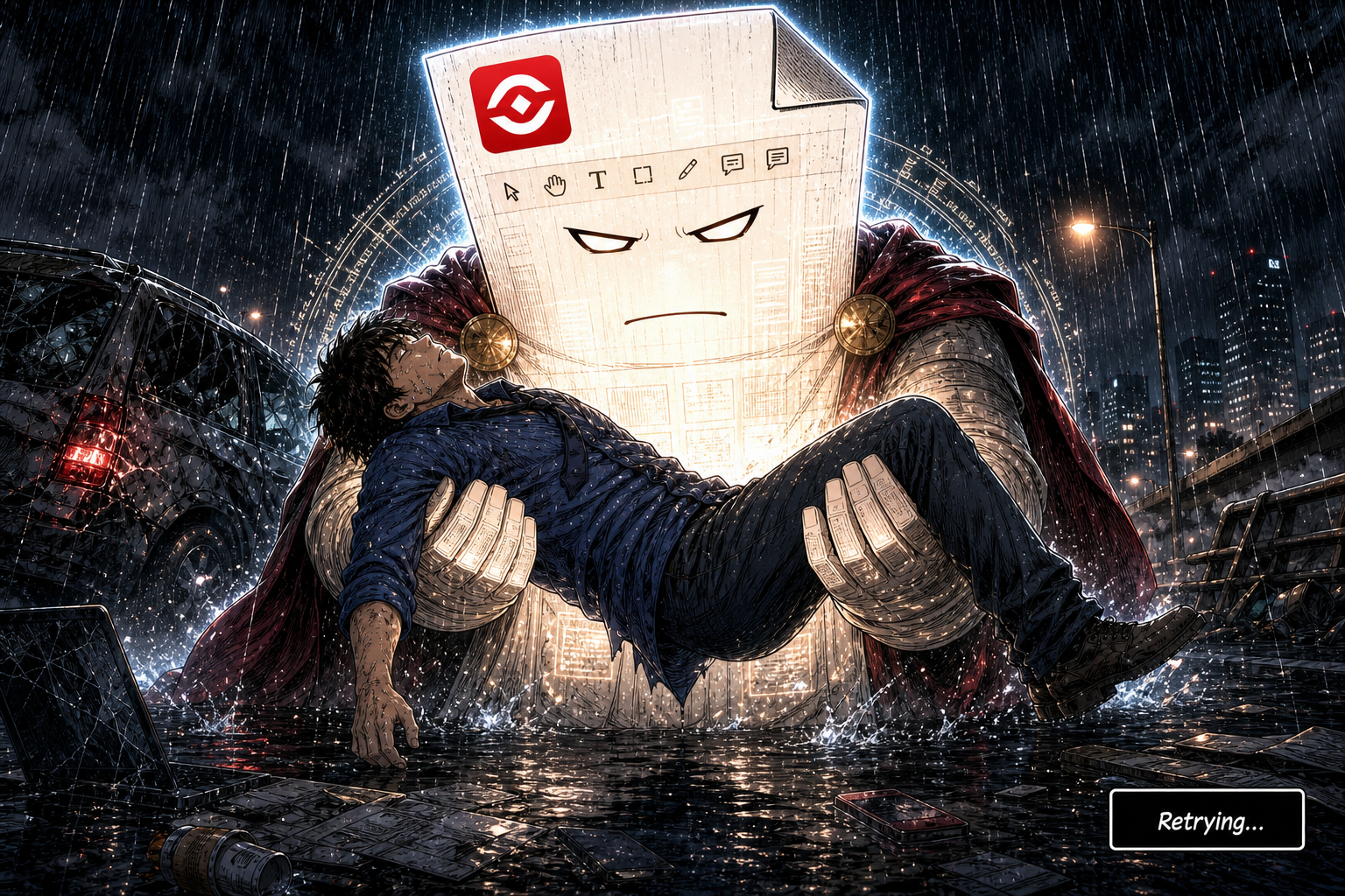 The giant PDF carries unconscious Dave away from the wreck through heavy rain.