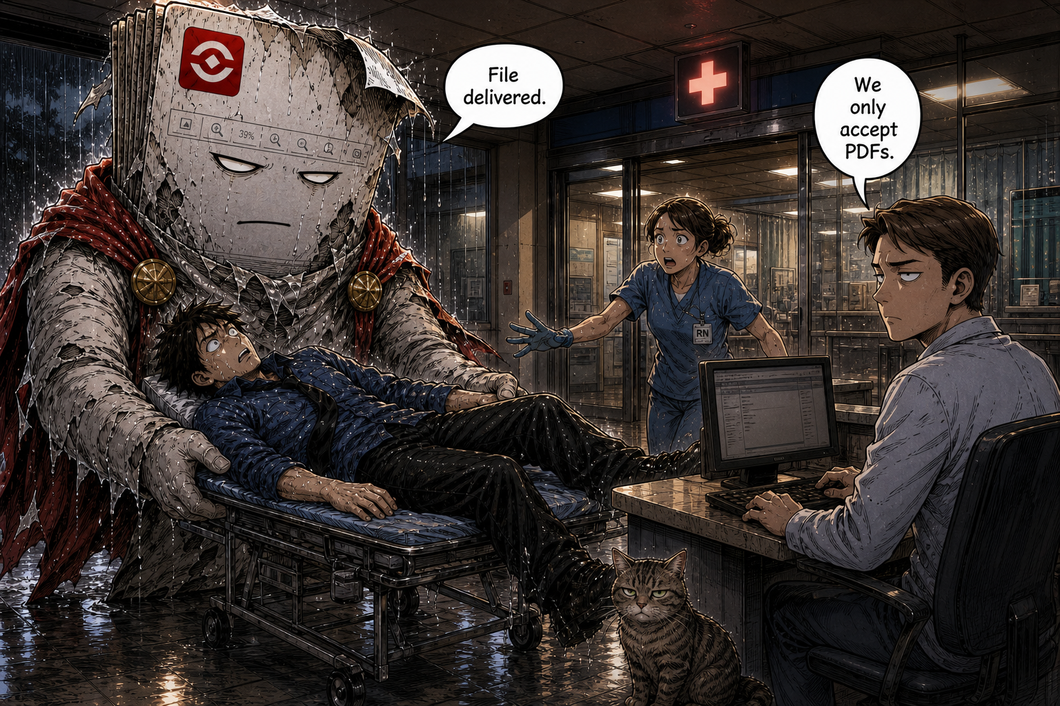 The giant PDF delivers Dave to the emergency room intake desk.