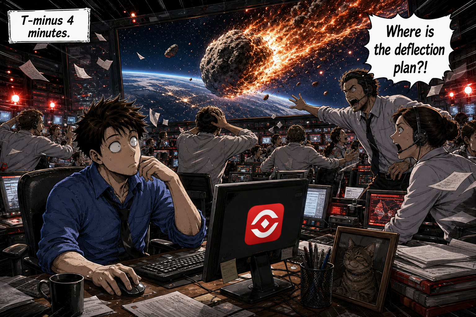 Mission control panics as an asteroid approaches while Dave sits at a workstation.