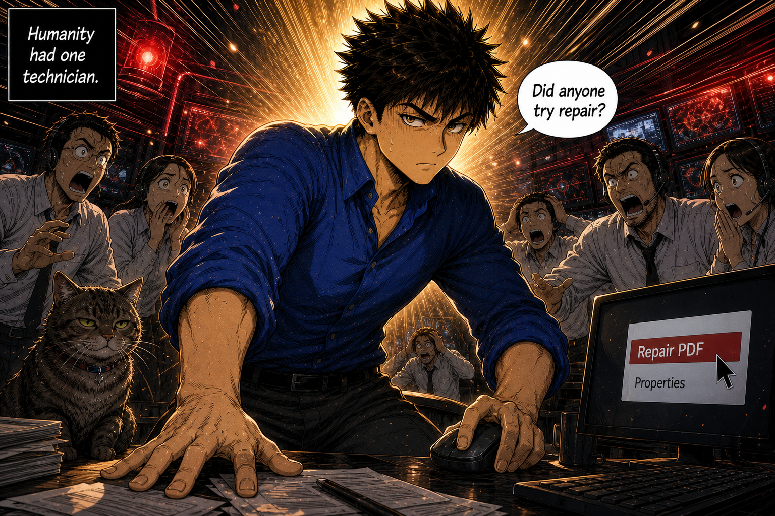 Dave calmly suggests repairing the corrupted PDF as mission control watches.