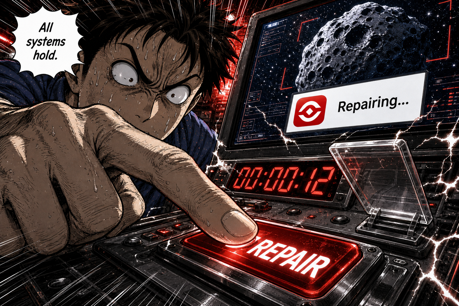 Dave clicks the PDF repair button as the asteroid countdown reaches its final seconds.