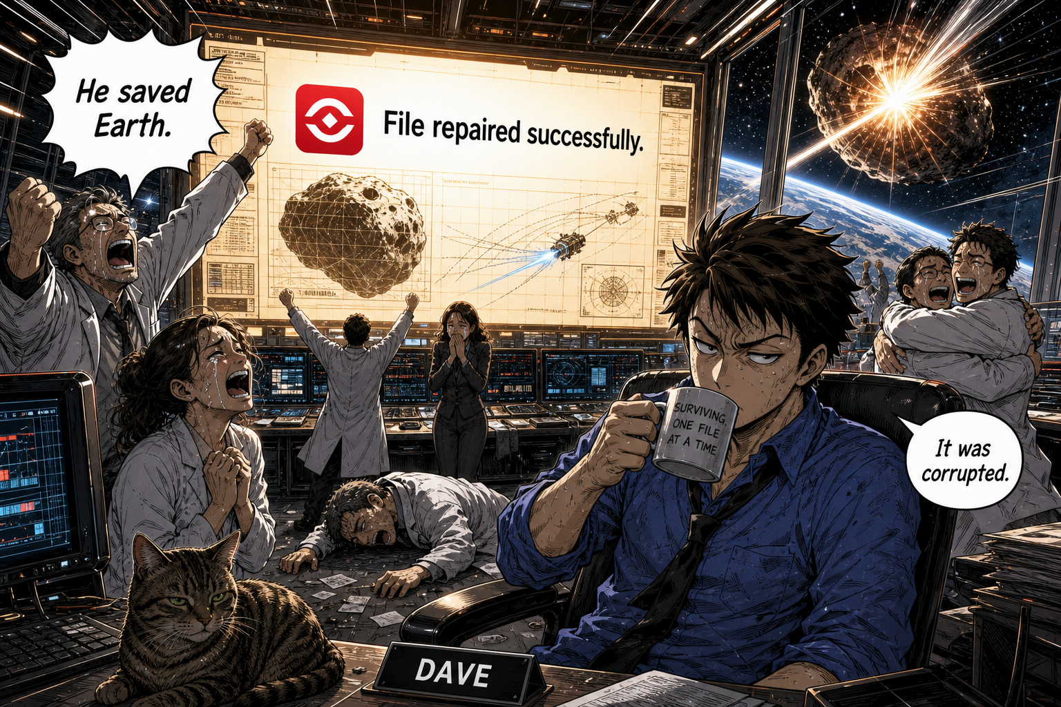 Mission control celebrates after the repaired PDF blueprint helps save Earth.