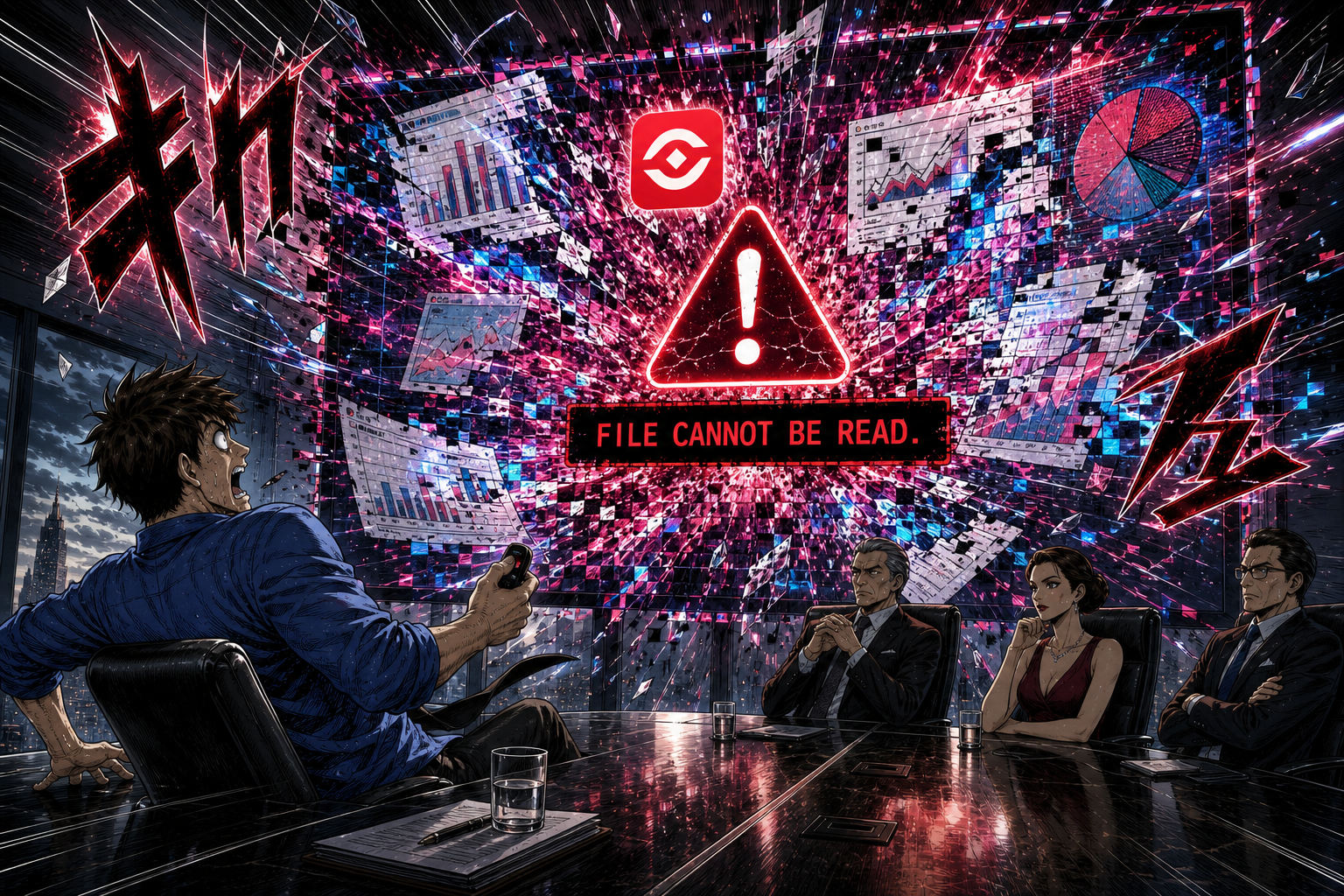 Dave's presentation explodes into corrupted digital fragments on the boardroom screen.