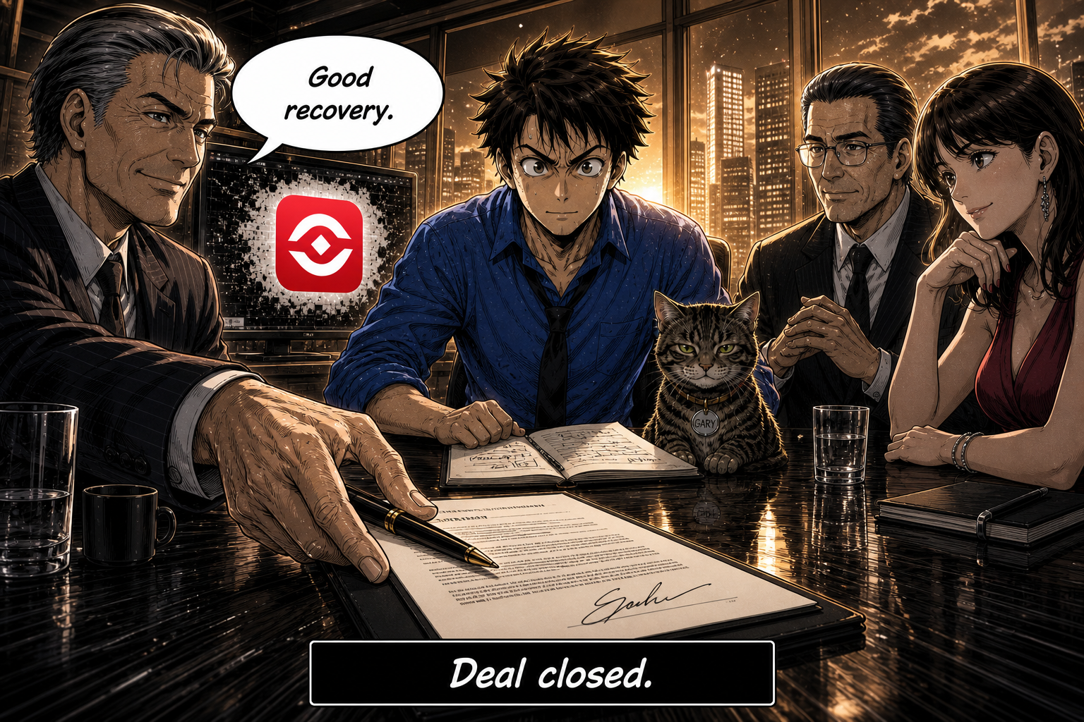 The lead executive slides a signed contract toward a relieved Dave.