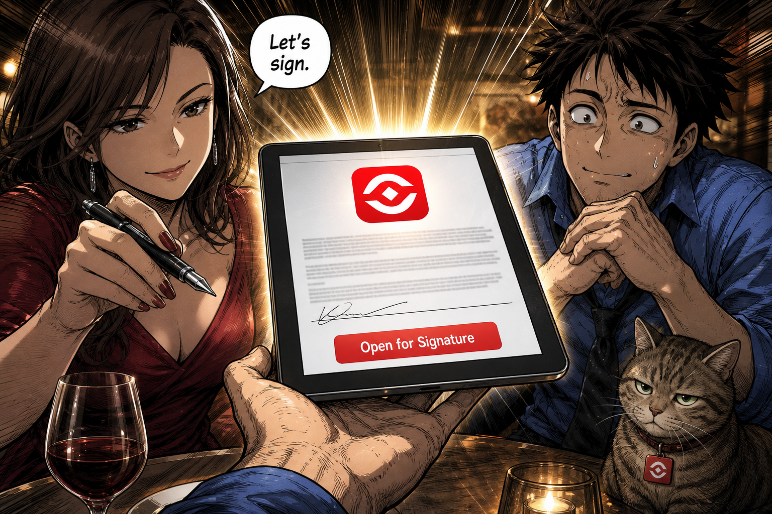 The client's pen hovers over the contract as Dave offers the approval screen.