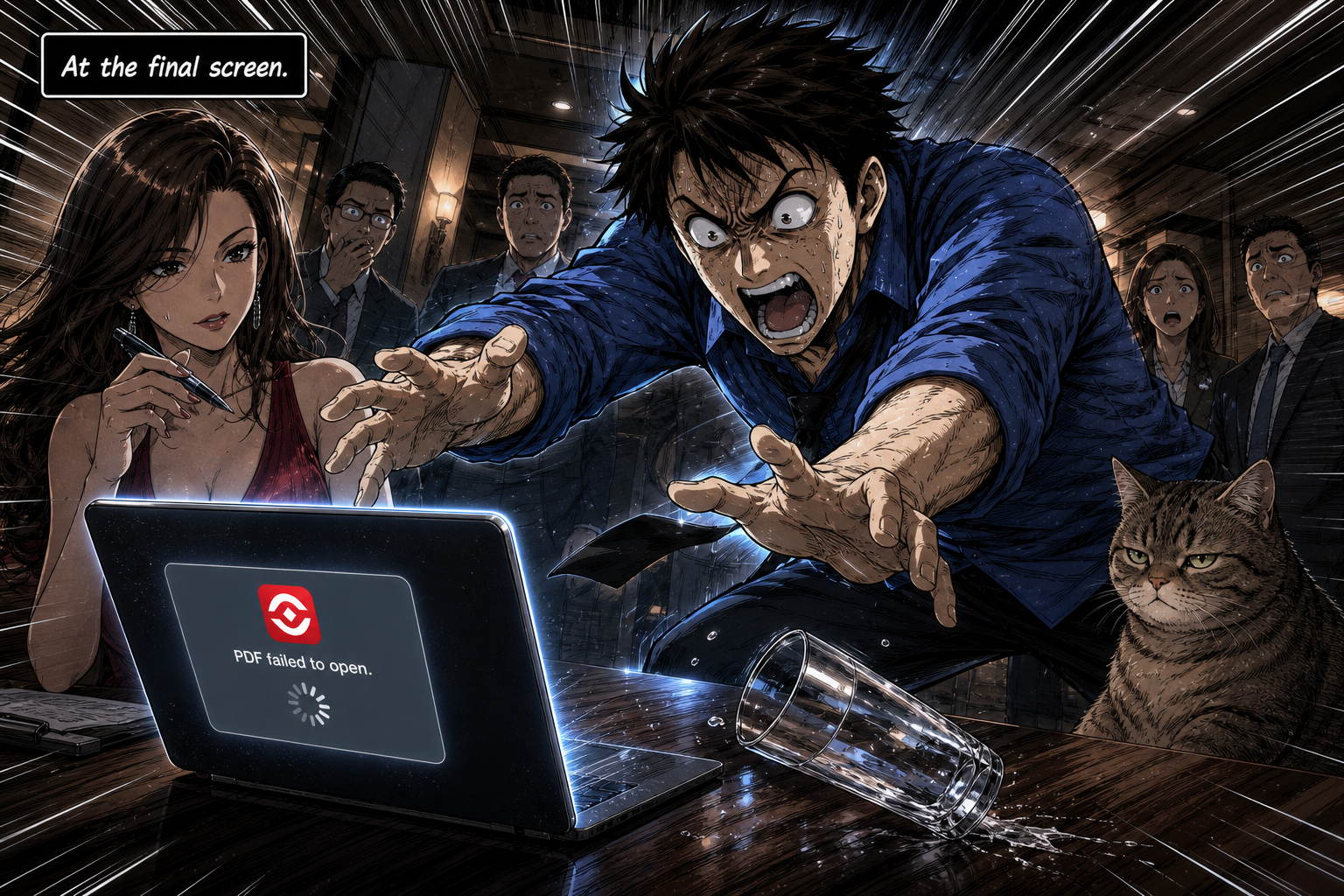 Dave lunges toward the frozen approval screen as the boardroom reacts in horror.