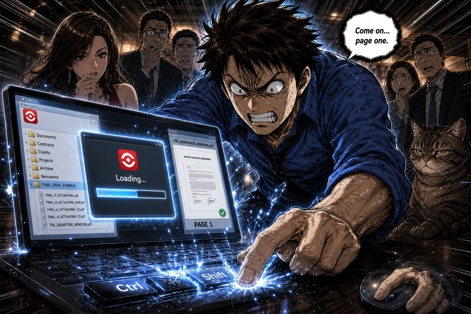 Dave desperately works to reopen the contract while the client and coworkers watch.