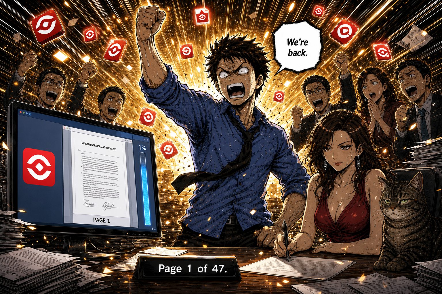Dave celebrates after reopening the contract to the first of forty-seven pages.